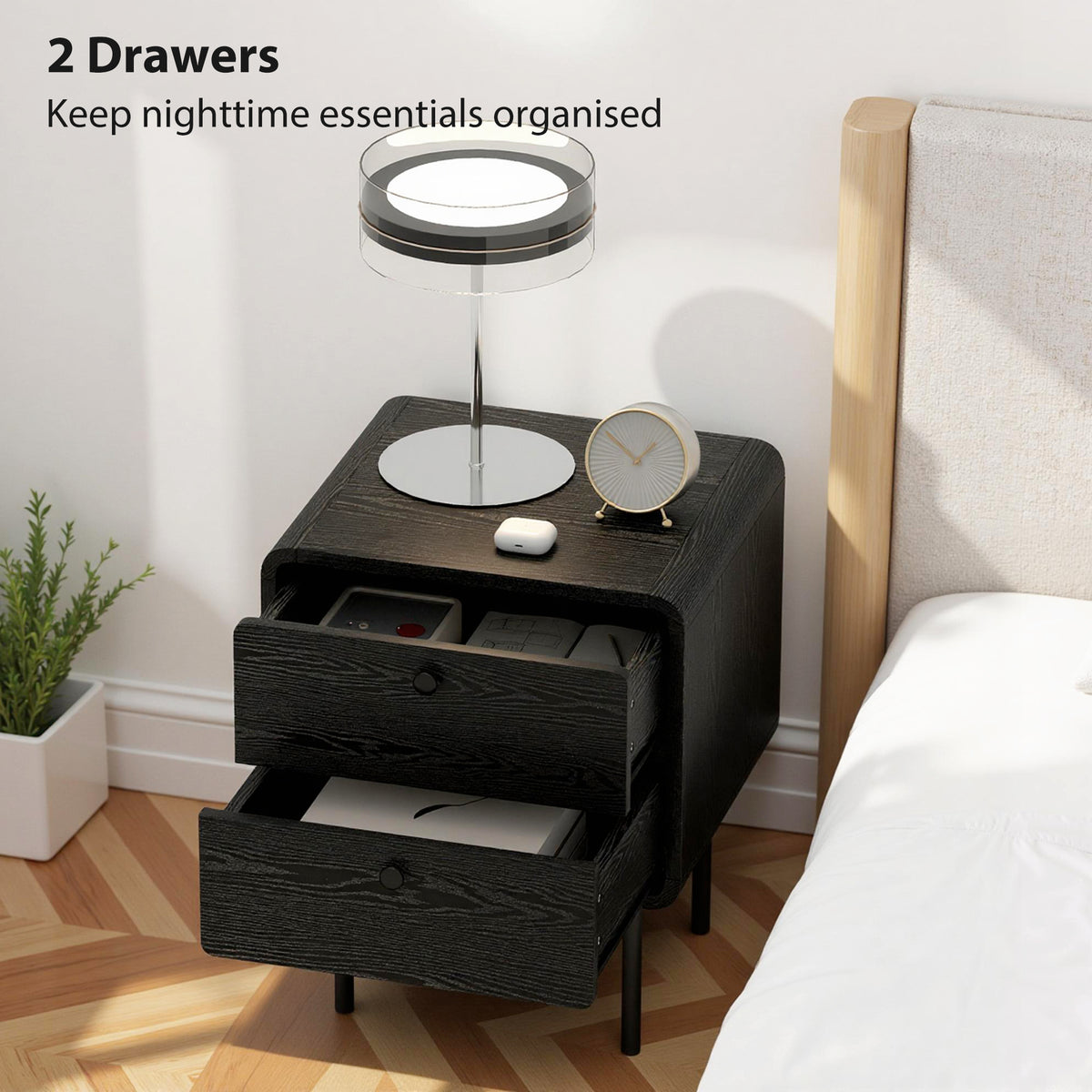 Set of 2 Modern Nightstands - Black Wood Grain 2-Drawer-Home Furnishings > Bedroom Furniture > Bedside Tables-DECOROLALA