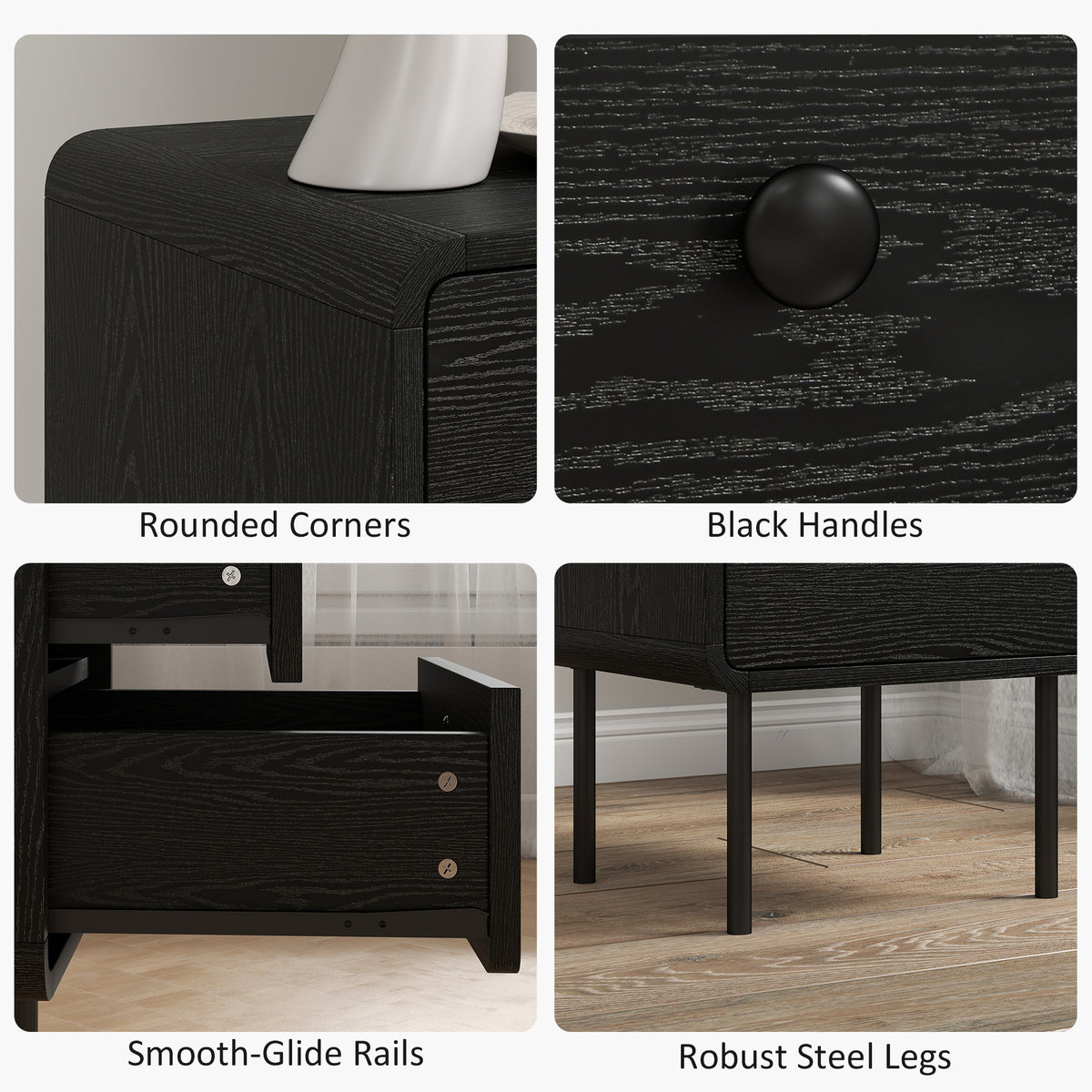 Set of 2 Modern Nightstands - Black Wood Grain 2-Drawer-Home Furnishings > Bedroom Furniture > Bedside Tables-DECOROLALA