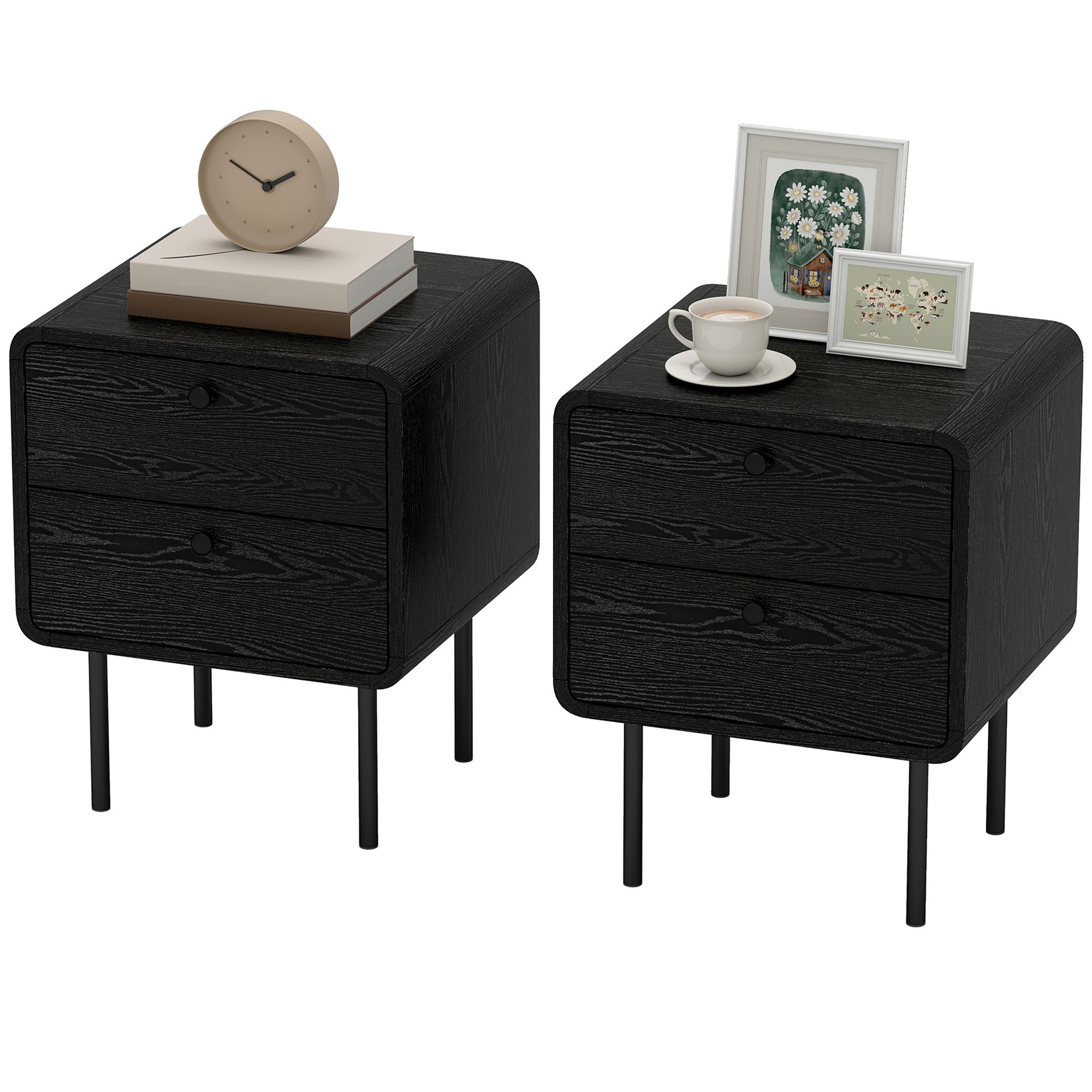 Set of 2 Modern Nightstands - Black Wood Grain 2-Drawer-Home Furnishings > Bedroom Furniture > Bedside Tables-DECOROLALA