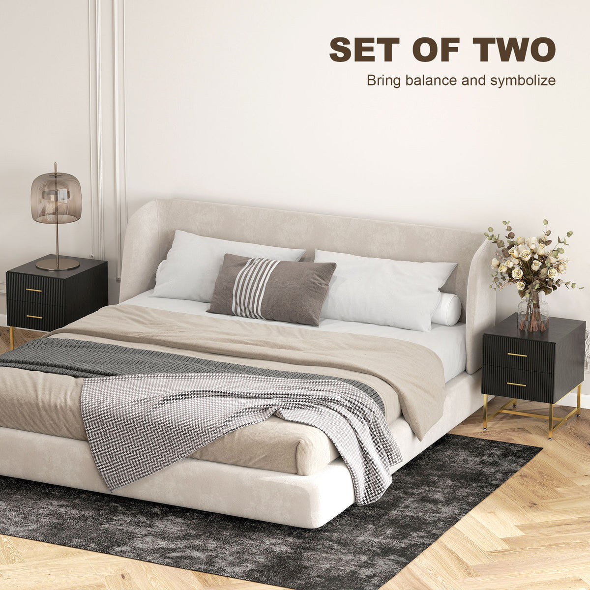 Set of 2 Modern Nightstands - Black with Gold Legs-Home Furnishings > Bedroom Furniture > Bedside Tables-DECOROLALA