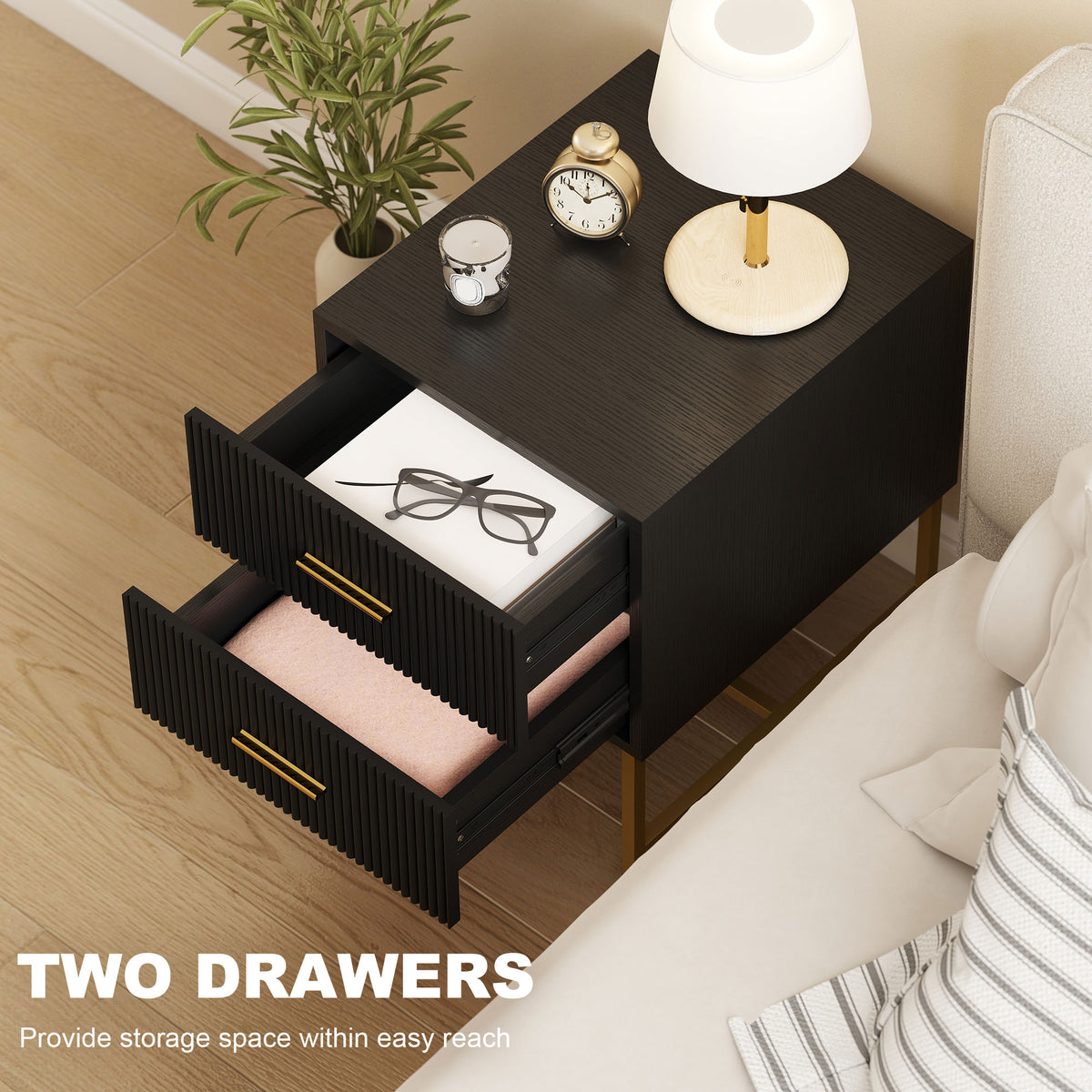 Set of 2 Modern Nightstands - Black with Gold Legs-Home Furnishings > Bedroom Furniture > Bedside Tables-DECOROLALA