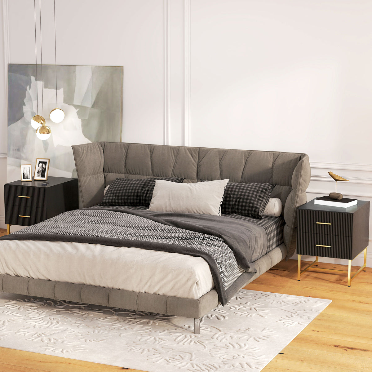Set of 2 Modern Nightstands - Black with Gold Legs-Home Furnishings > Bedroom Furniture > Bedside Tables-DECOROLALA