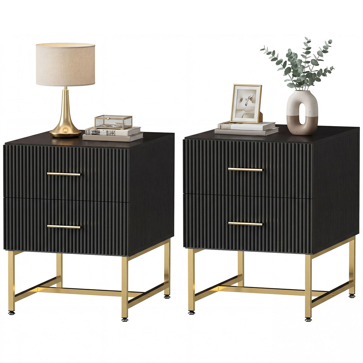 Set of 2 Modern Nightstands - Black with Gold Legs-Home Furnishings > Bedroom Furniture > Bedside Tables-DECOROLALA