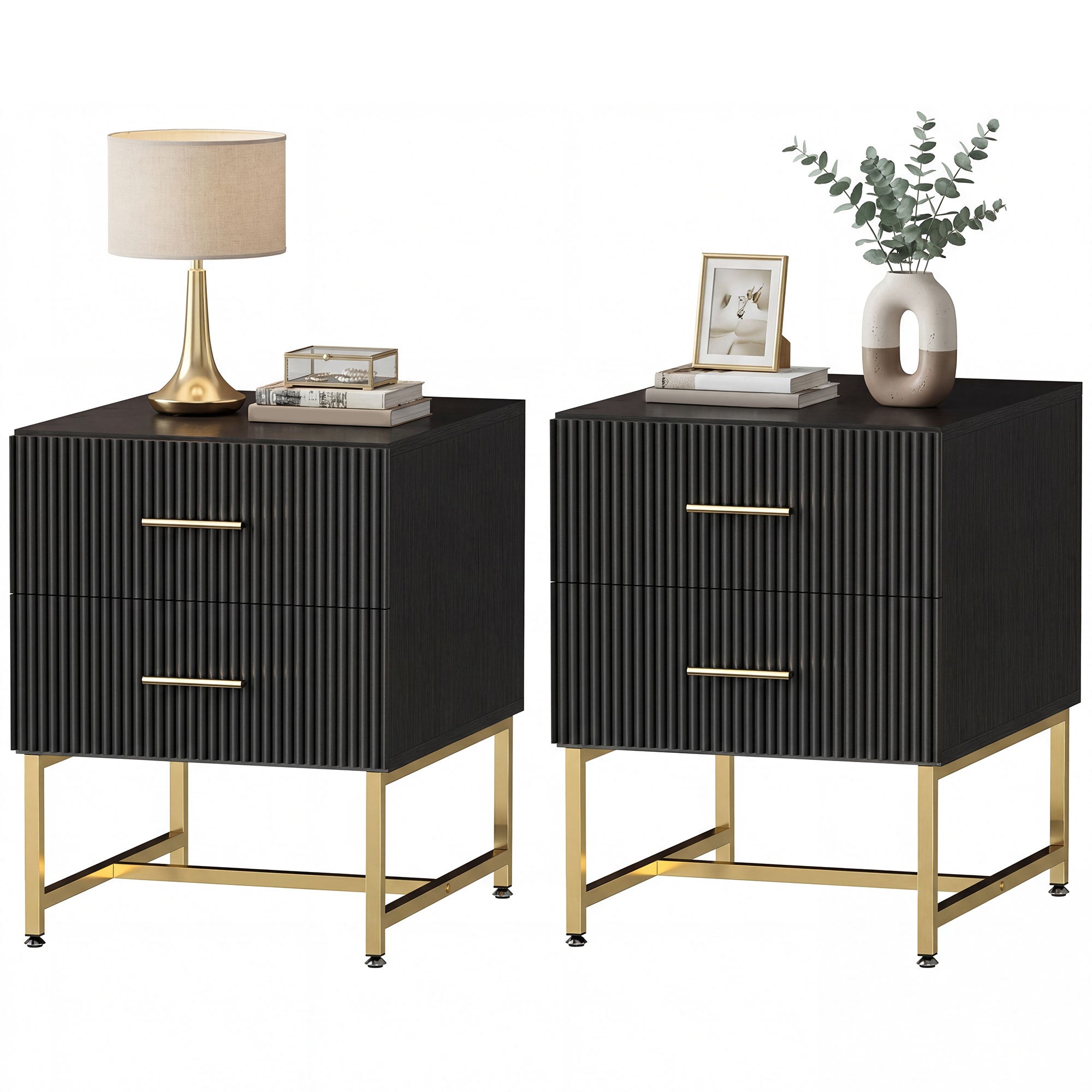 Set of 2 Modern Nightstands - Black with Gold Legs-Home Furnishings > Bedroom Furniture > Bedside Tables-DECOROLALA