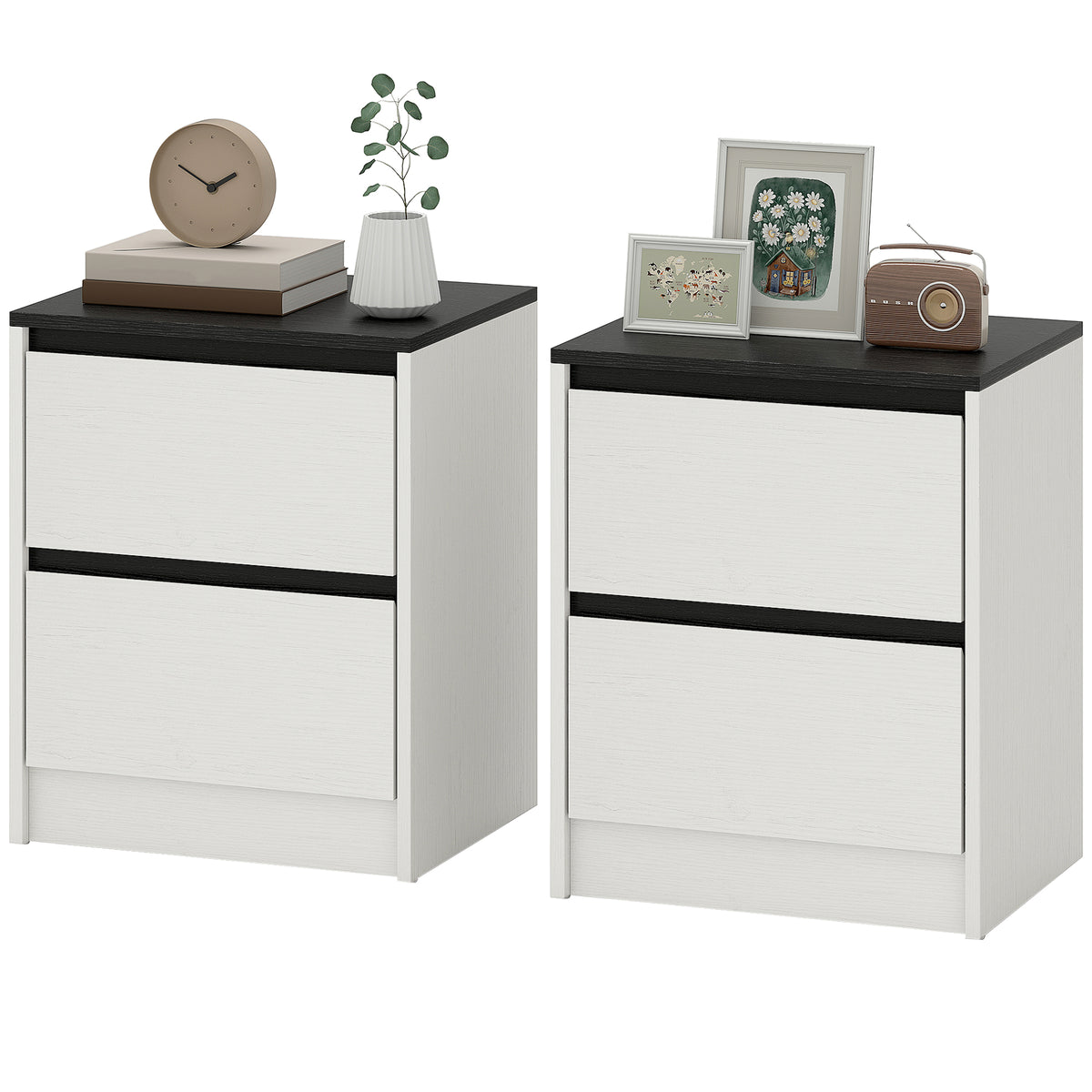 Set of 2 Modern Nightstands - White/Black 2-Drawer Tables-Home Furnishings > Bedroom Furniture > Bedside Tables-DECOROLALA