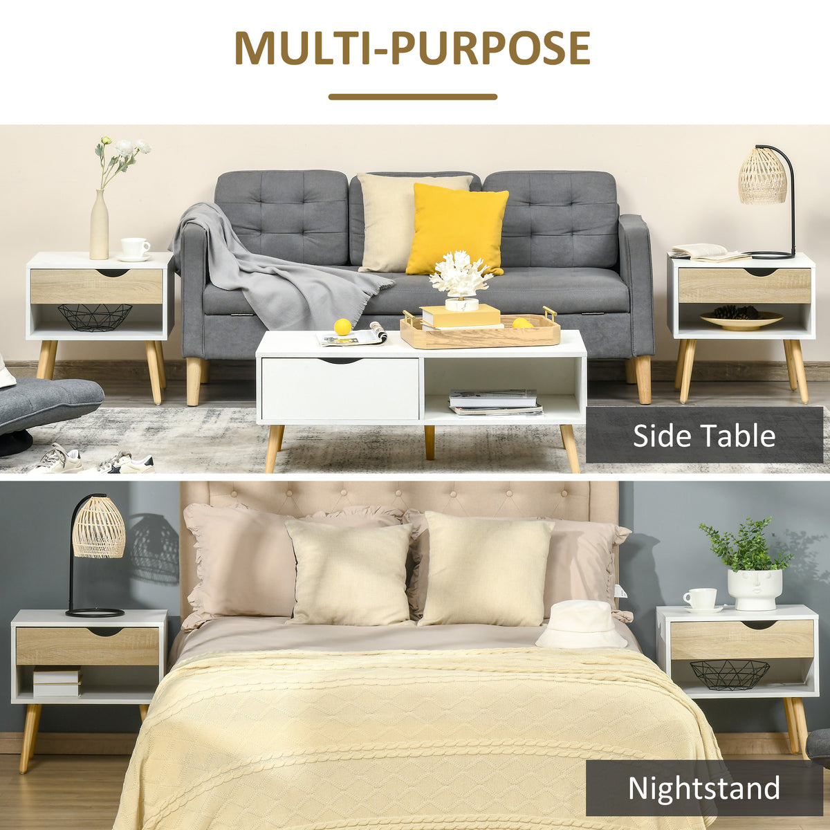 Set of 2 Modern Nightstands with Drawer and Shelf - White-Home Furnishings > Bedroom Furniture > Bedside Tables-DECOROLALA