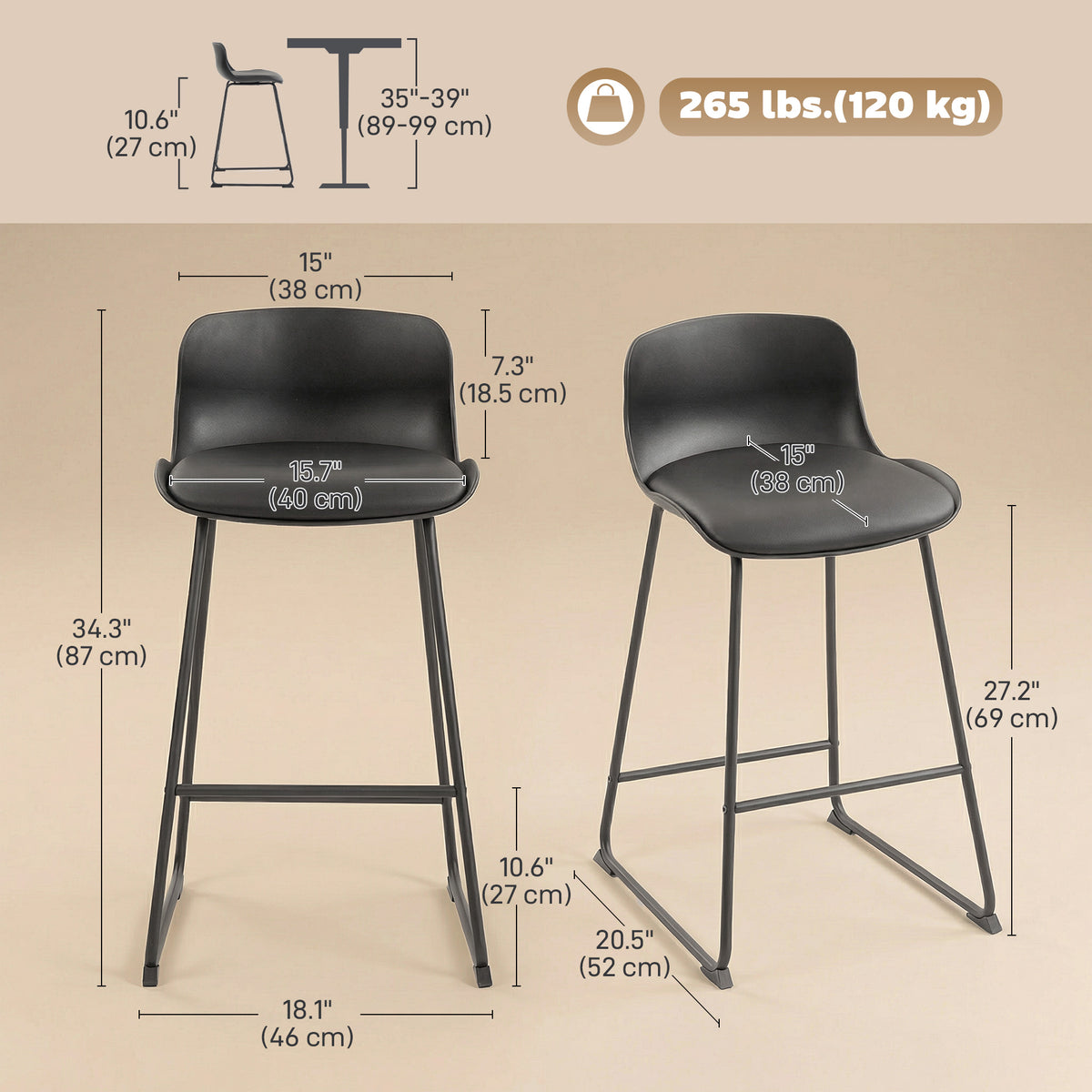 Set of 2 Modern PU Leather Bar Stools - Black 27" Height-Home Furnishings > Kitchen & Dining Furniture > Bar Stools-DECOROLALA