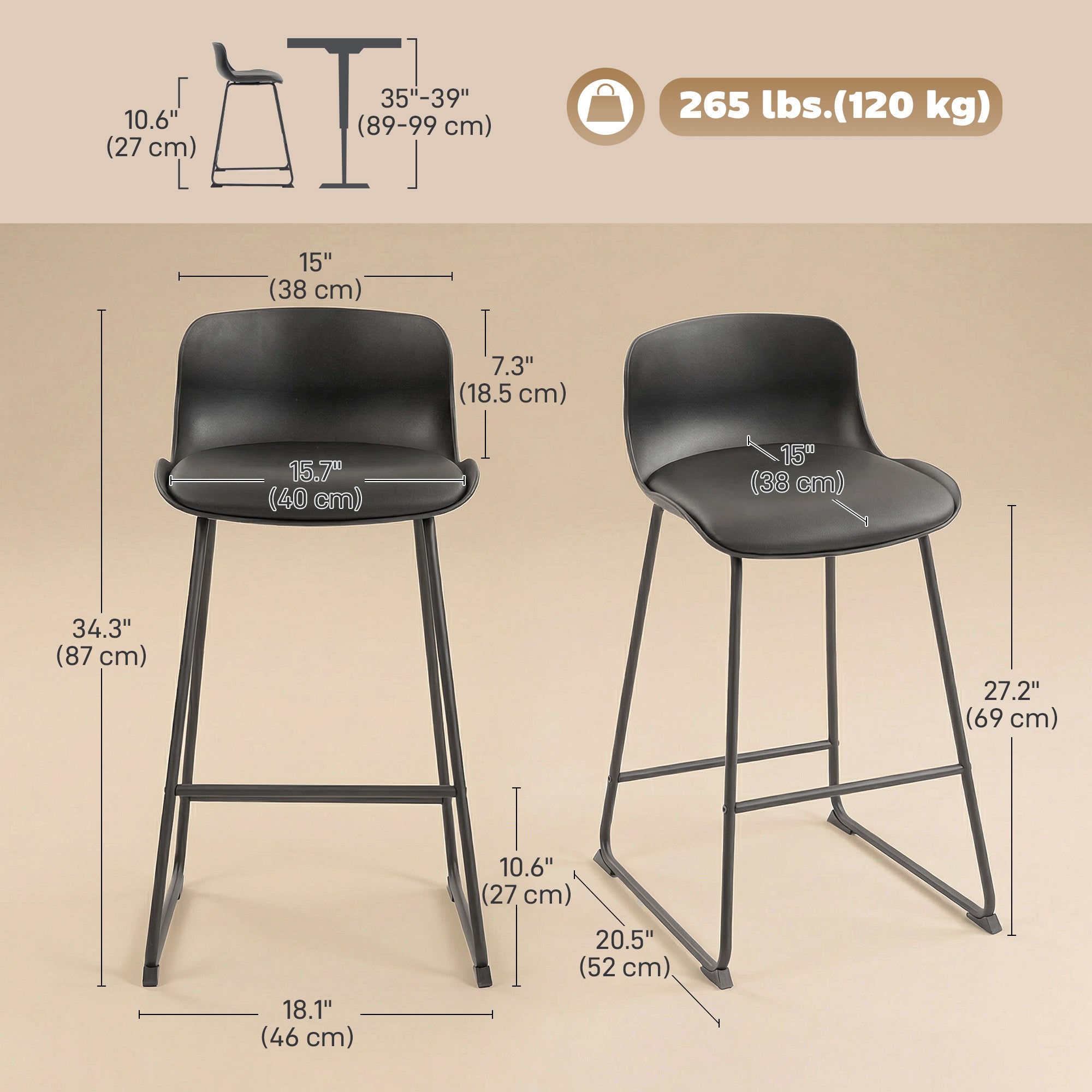 Set of 2 Modern PU Leather Bar Stools - Black 27" Height-Home Furnishings > Kitchen & Dining Furniture > Bar Stools-DECOROLALA