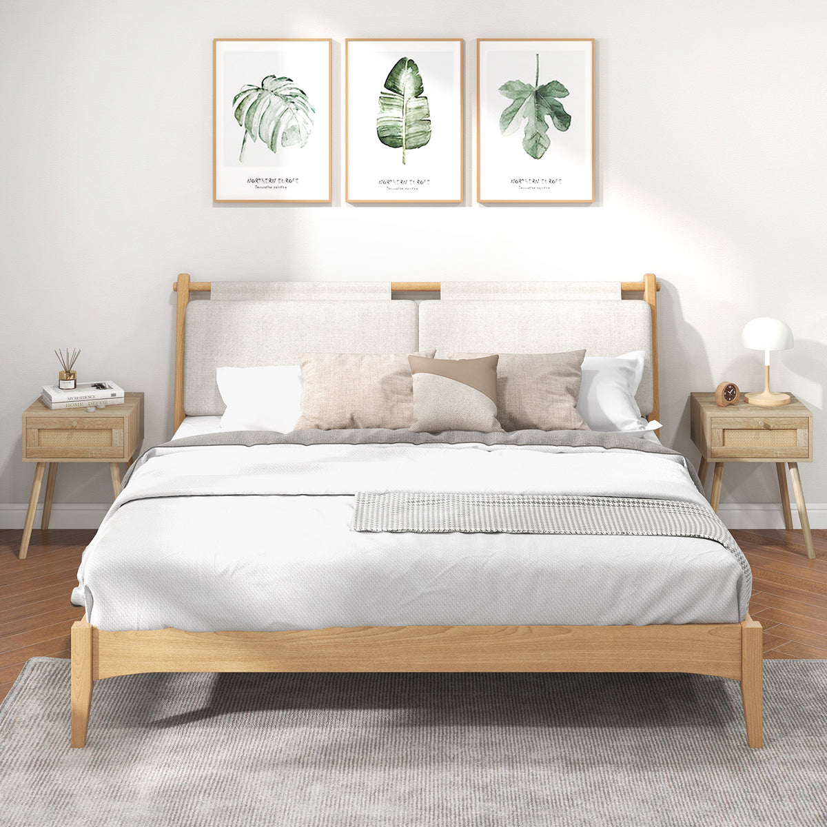 Set of 2 Modern Rattan Nightstand with Drawer and Solid Wood Legs for Bedroom and Living Room-Oak-Nightstands-DECOROLALA