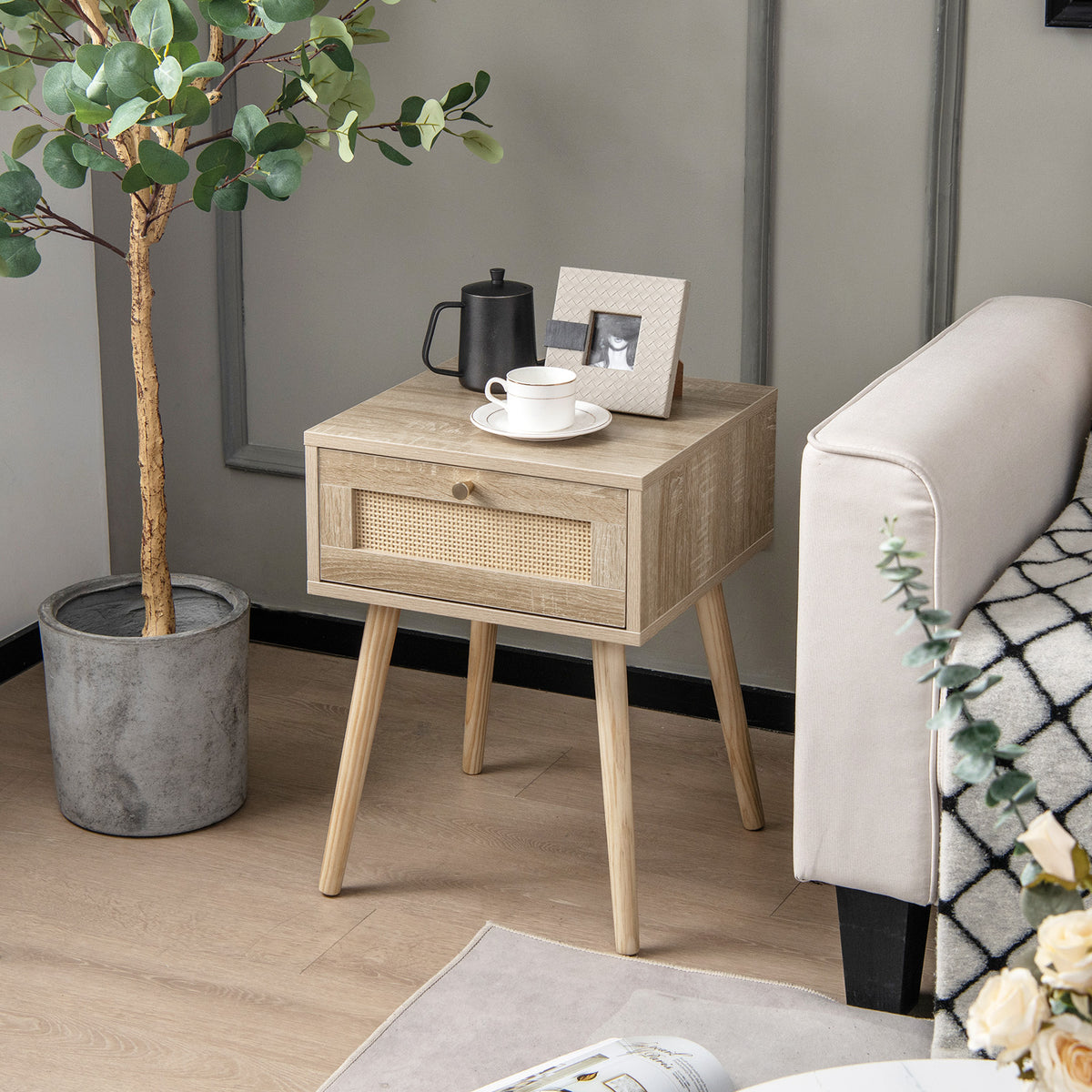 Set of 2 Modern Rattan Nightstand with Drawer and Solid Wood Legs for Bedroom and Living Room-Oak-Nightstands-DECOROLALA