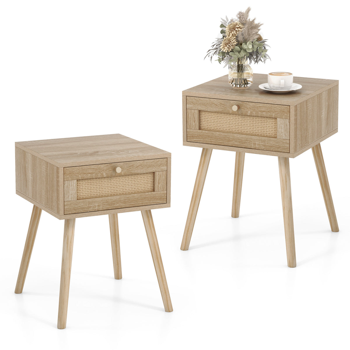 Set of 2 Modern Rattan Nightstand with Drawer and Solid Wood Legs for Bedroom and Living Room-Oak-Nightstands-DECOROLALA