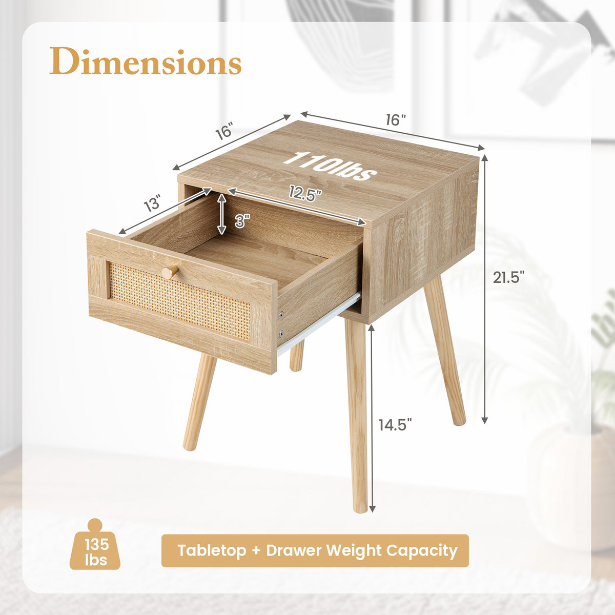 Set of 2 Modern Rattan Nightstand with Drawer and Solid Wood Legs for Bedroom and Living Room-Oak-Nightstands-DECOROLALA