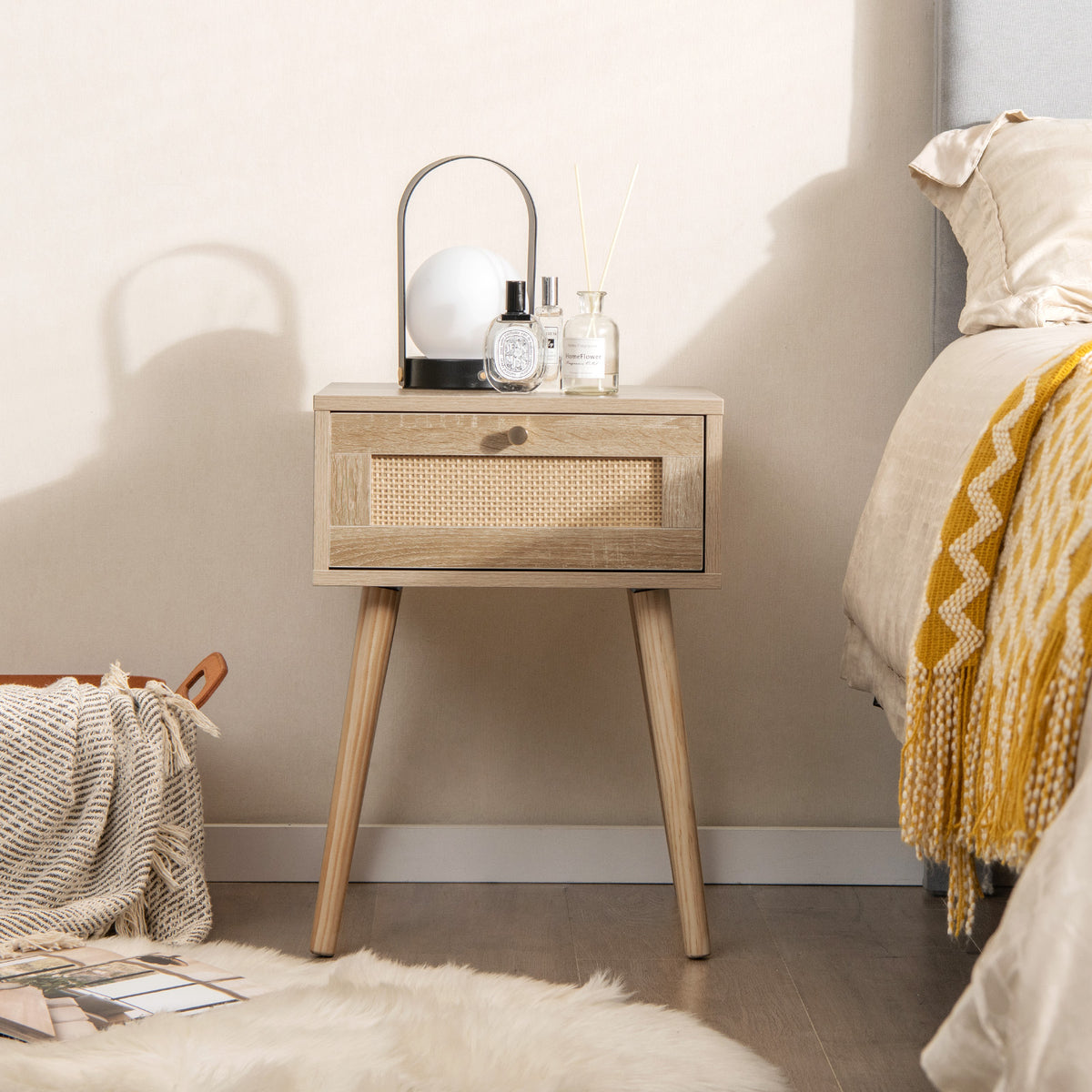 Set of 2 Modern Rattan Nightstand with Drawer and Solid Wood Legs for Bedroom and Living Room-Oak-Nightstands-DECOROLALA