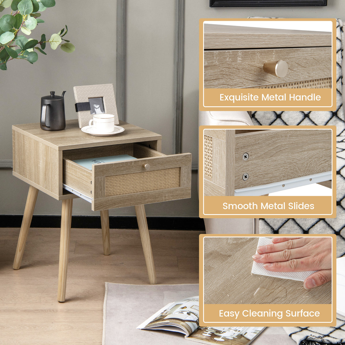 Set of 2 Modern Rattan Nightstand with Drawer and Solid Wood Legs for Bedroom and Living Room-Oak-Nightstands-DECOROLALA