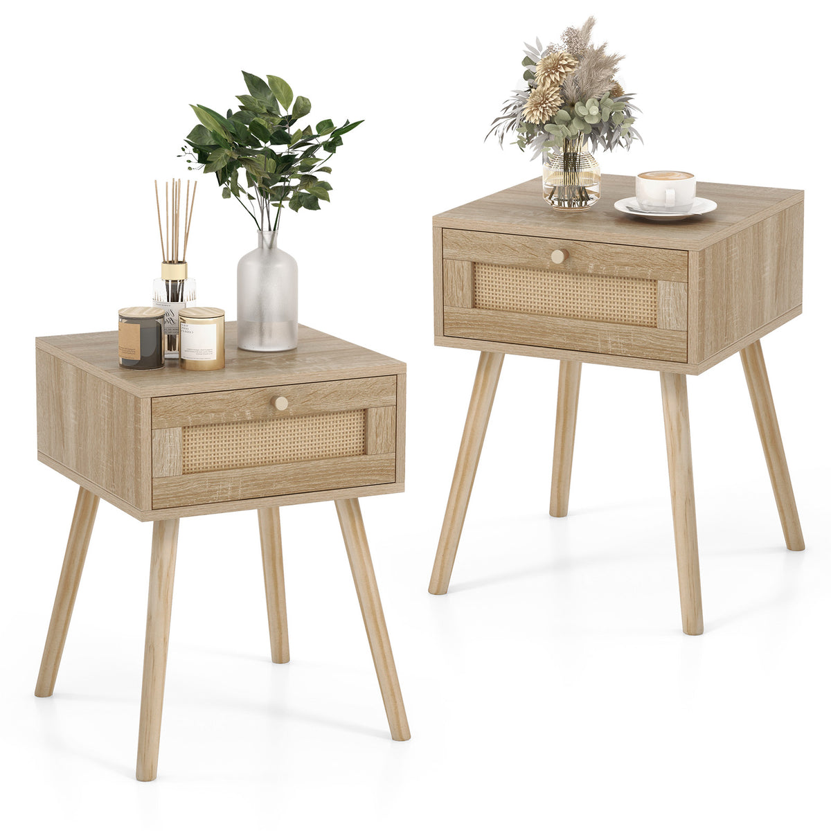 Set of 2 Modern Rattan Nightstand with Drawer and Solid Wood Legs for Bedroom and Living Room-Oak-Nightstands-DECOROLALA