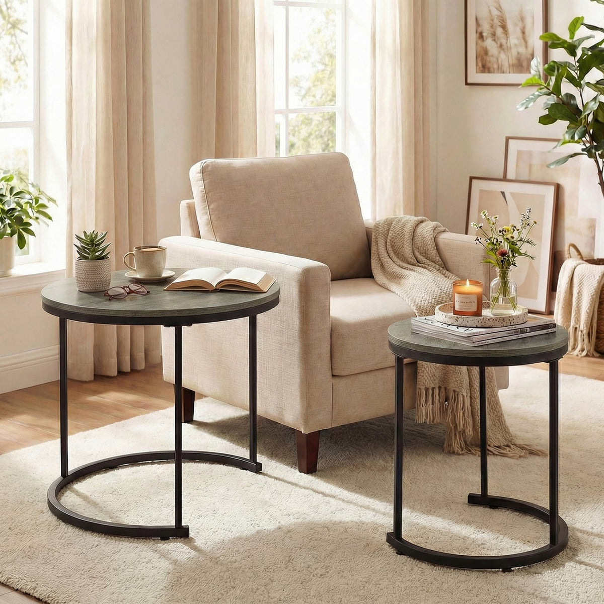 Set of 2 Modern Round Stacking Nesting Coffee Tables-Oak-Coffee Tables-DECOROLALA