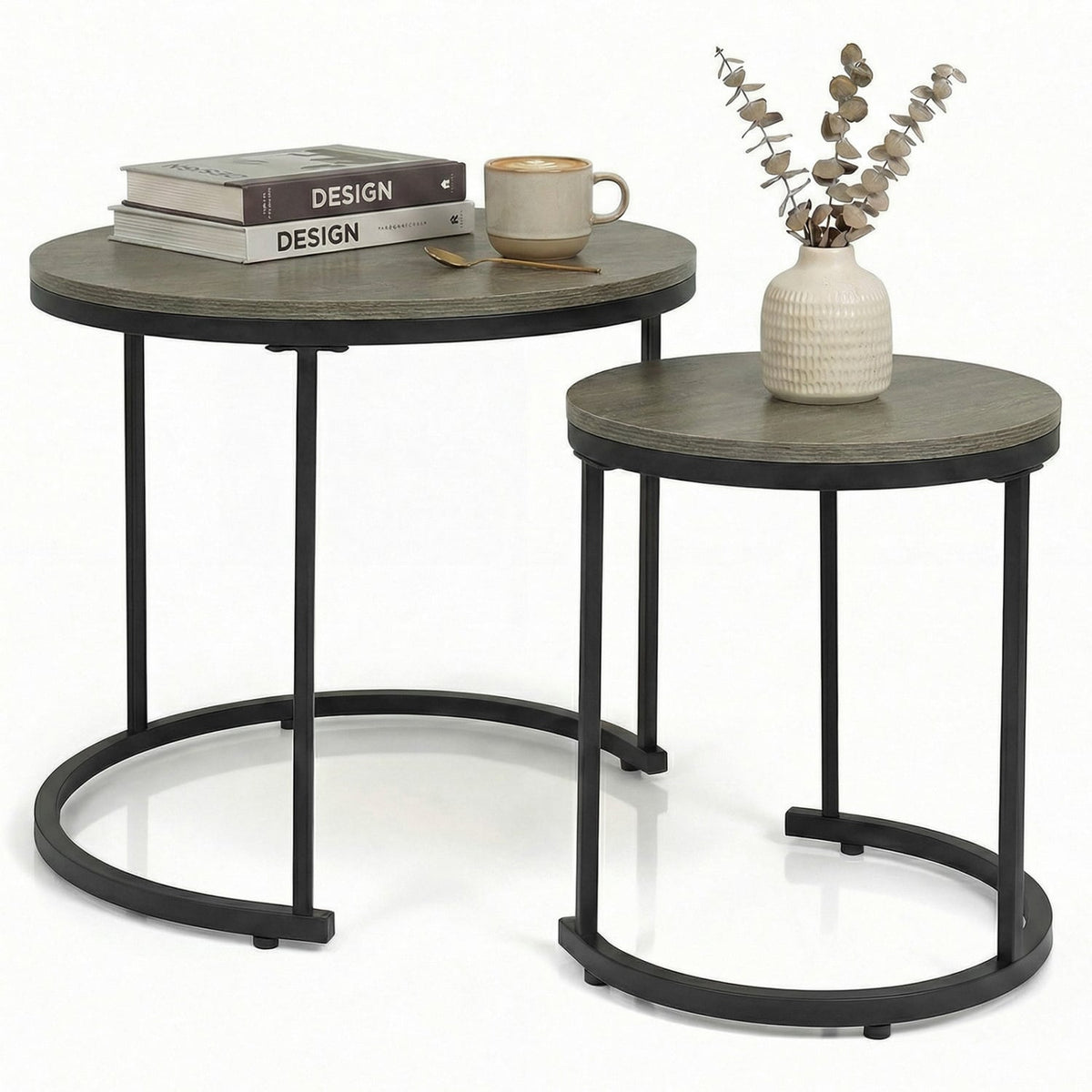 Set of 2 Modern Round Stacking Nesting Coffee Tables-Oak-Coffee Tables-DECOROLALA