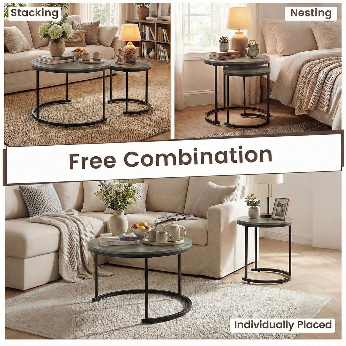 Set of 2 Modern Round Stacking Nesting Coffee Tables-Oak-Coffee Tables-DECOROLALA