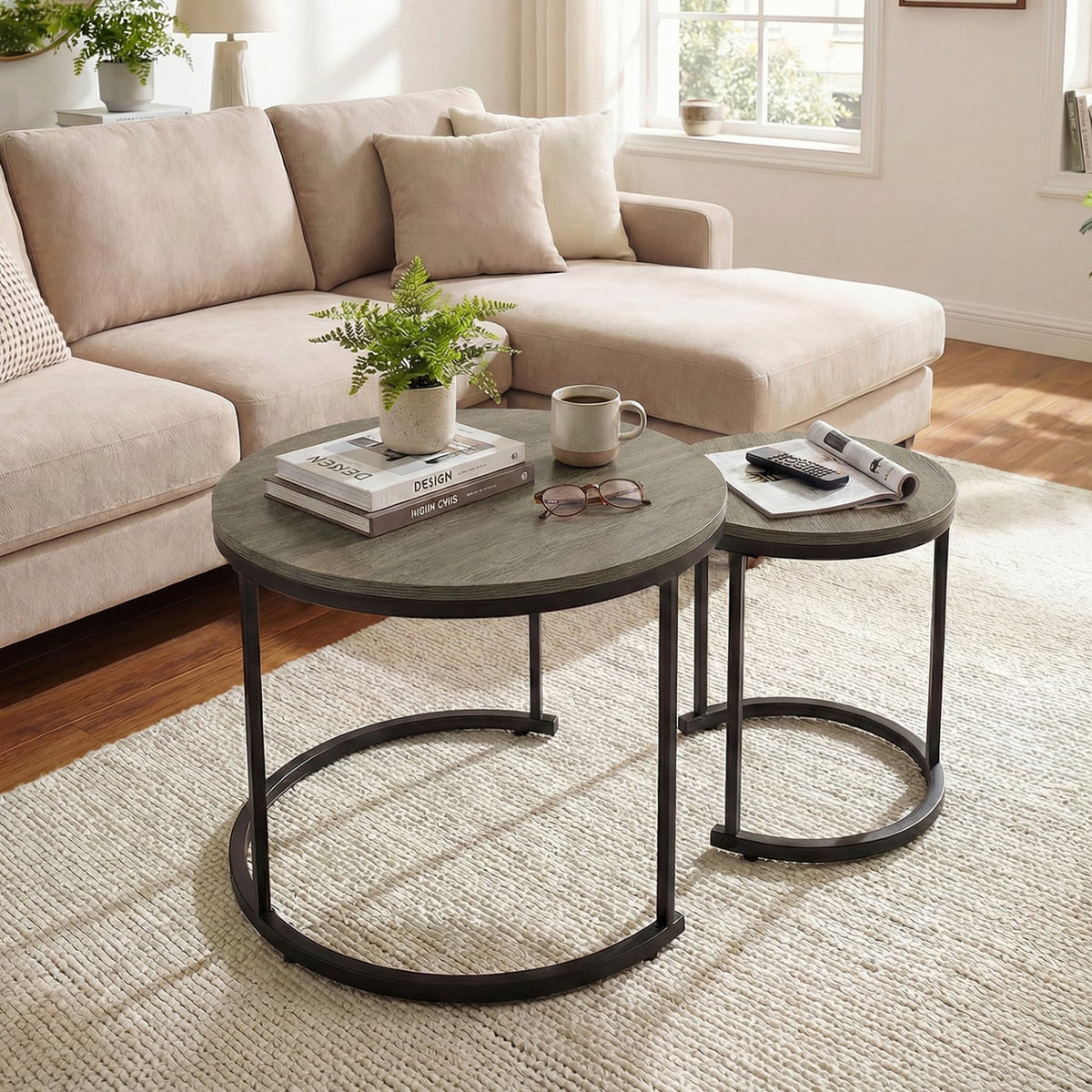 Set of 2 Modern Round Stacking Nesting Coffee Tables-Oak-Coffee Tables-DECOROLALA