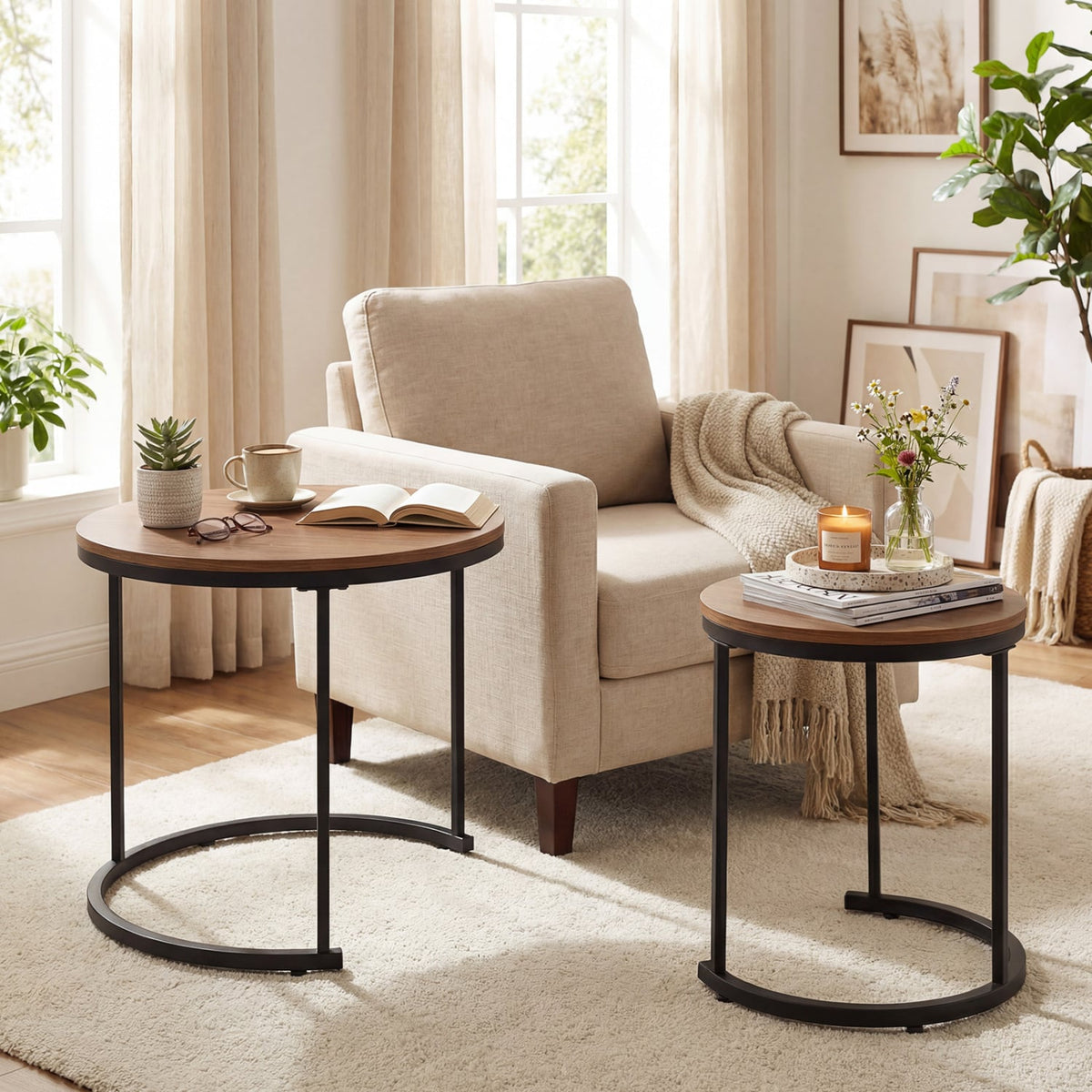 Set of 2 Modern Round Stacking Nesting Coffee Tables for Living Room-Light Brown-Coffee Tables-DECOROLALA