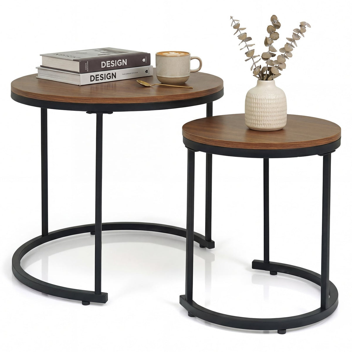 Set of 2 Modern Round Stacking Nesting Coffee Tables for Living Room-Light Brown-Coffee Tables-DECOROLALA