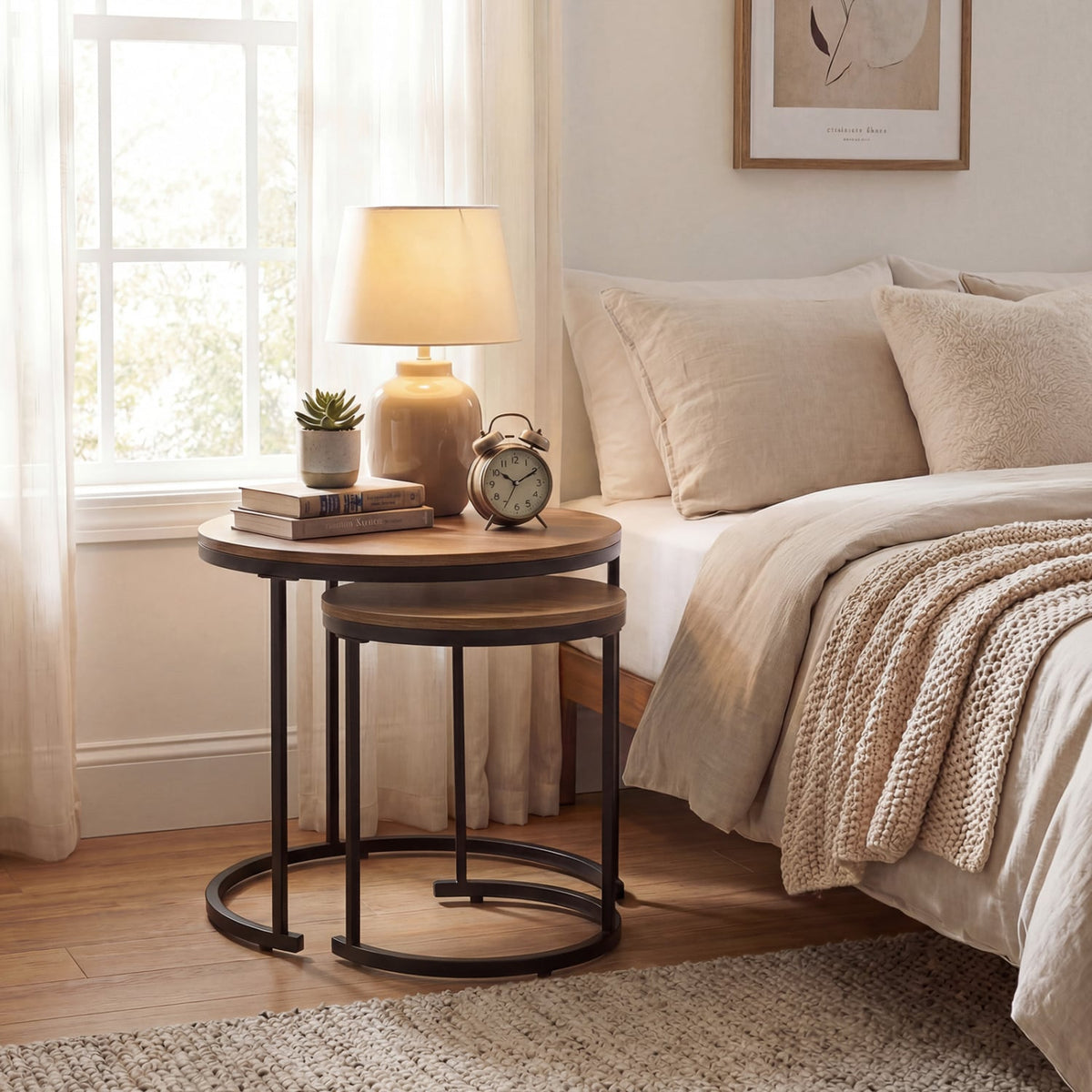 Set of 2 Modern Round Stacking Nesting Coffee Tables for Living Room-Light Brown-Coffee Tables-DECOROLALA