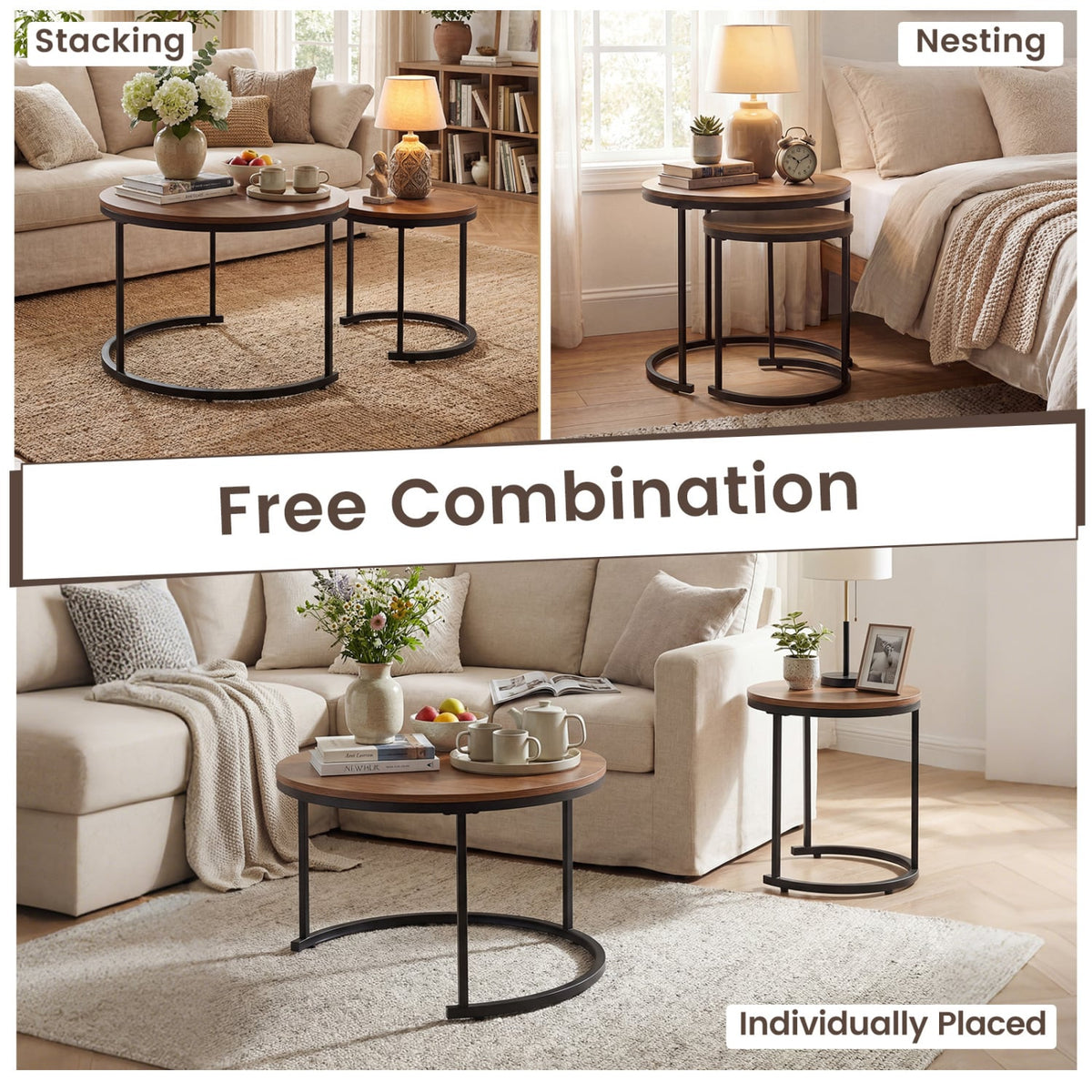 Set of 2 Modern Round Stacking Nesting Coffee Tables for Living Room-Light Brown-Coffee Tables-DECOROLALA