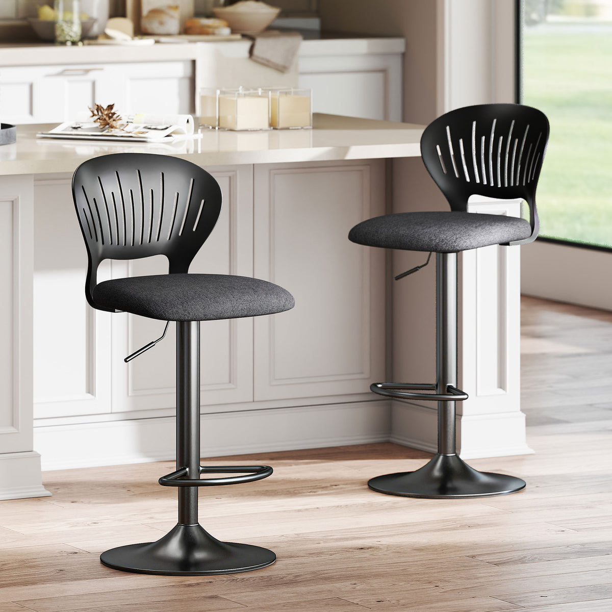Set of 2 Modern Swivel Bar Stools - Black Adjustable Height-Home Furnishings > Kitchen & Dining Furniture > Bar Stools-DECOROLALA