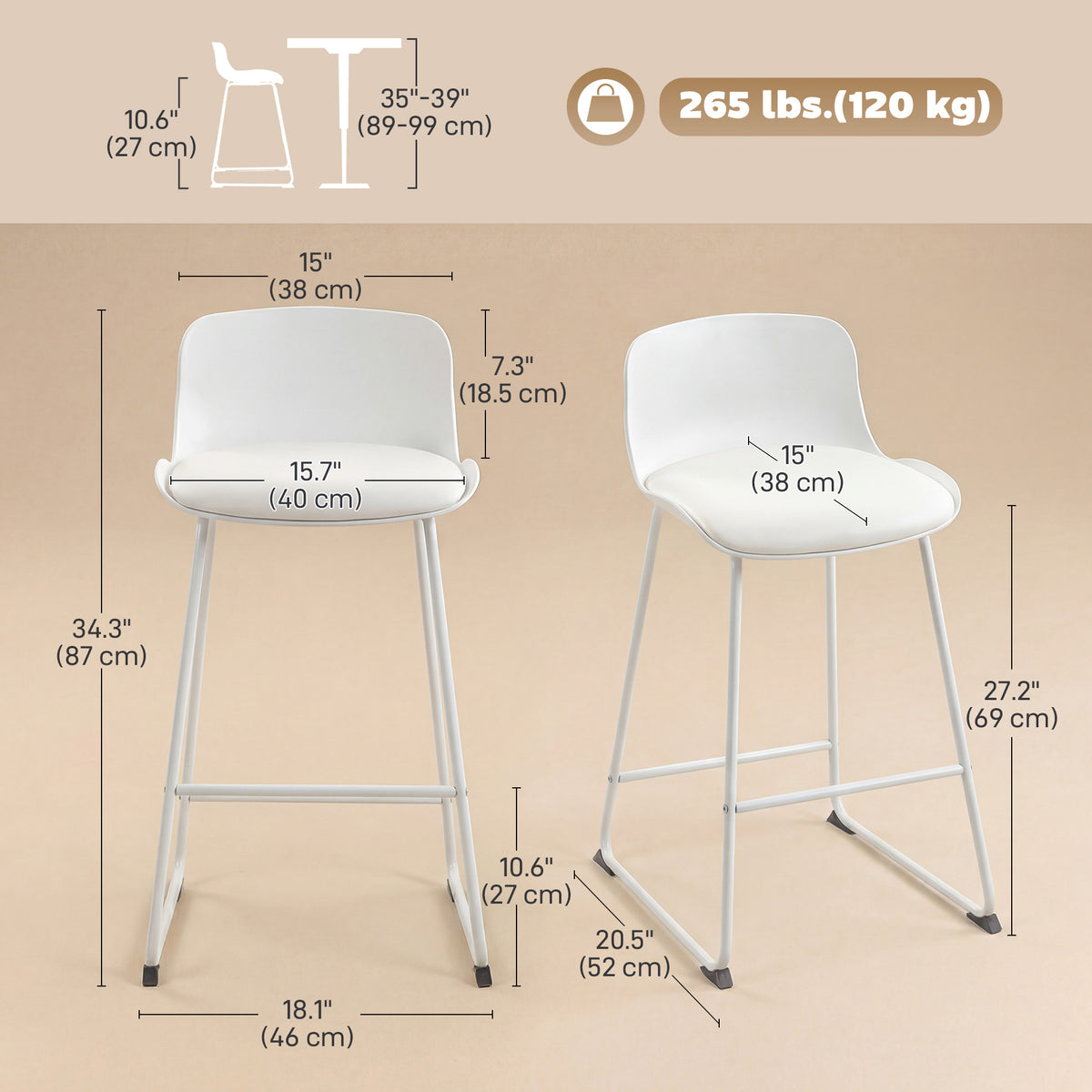 Set of 2 Modern White PU Leather Bar Stools - 27" Seat Height-Home Furnishings > Kitchen & Dining Furniture > Bar Stools-DECOROLALA