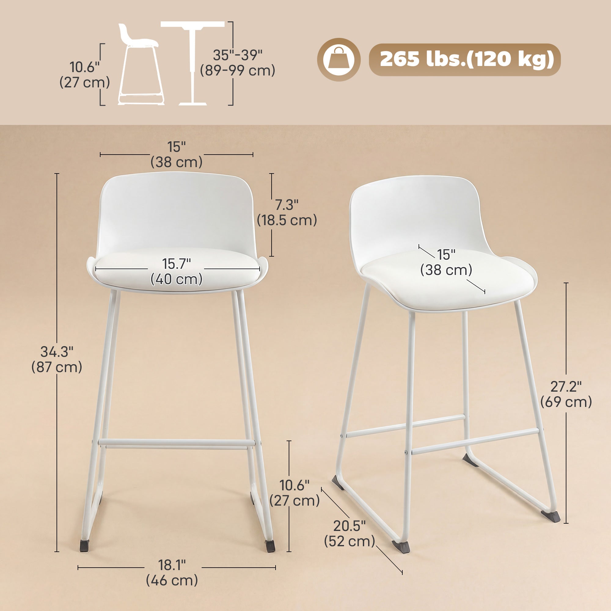 Set of 2 Modern White PU Leather Bar Stools - 27" Seat Height-Home Furnishings > Kitchen & Dining Furniture > Bar Stools-DECOROLALA
