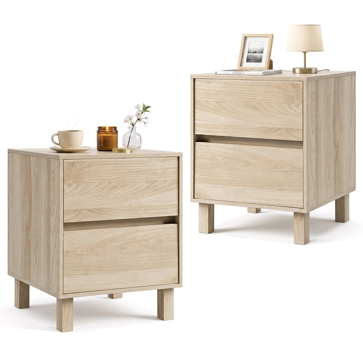 Set of 2 Modern Wooden End Table with 2 Storage Drawers-Natural-End & Side Tables-DECOROLALA