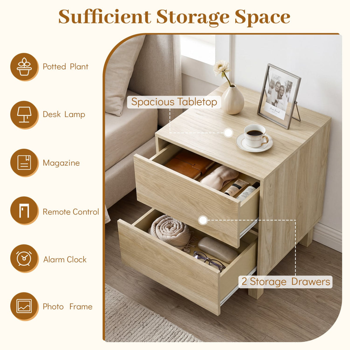 Set of 2 Modern Wooden End Table with 2 Storage Drawers-Natural-End & Side Tables-DECOROLALA