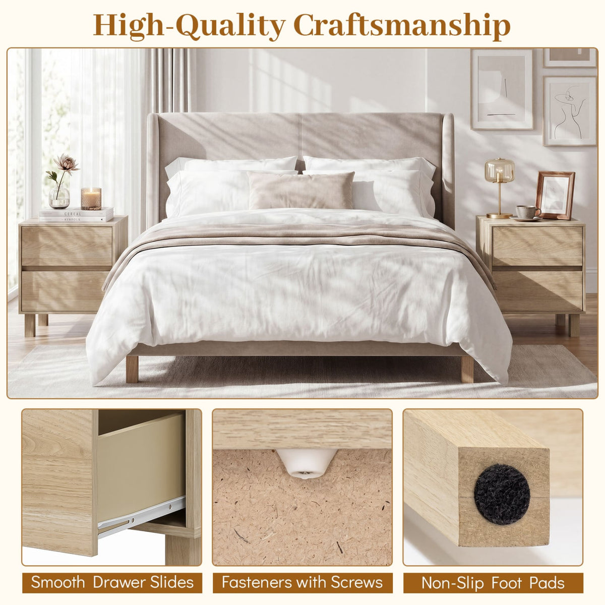 Set of 2 Modern Wooden End Table with 2 Storage Drawers-Natural-End & Side Tables-DECOROLALA