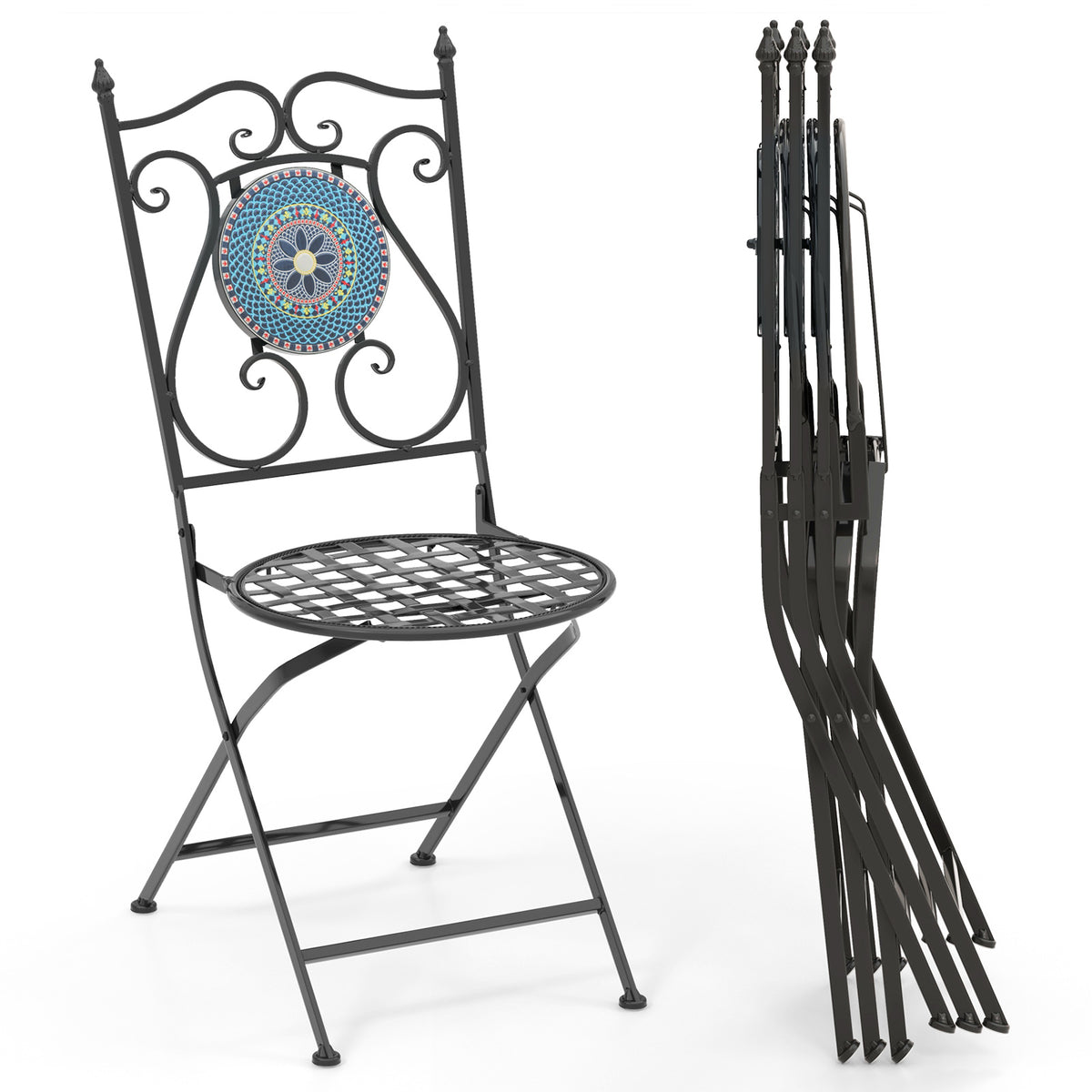 Set of 2 Mosaic Chairs for Patio Metal Folding Chairs-A-Patio Dining Chairs-DECOROLALA