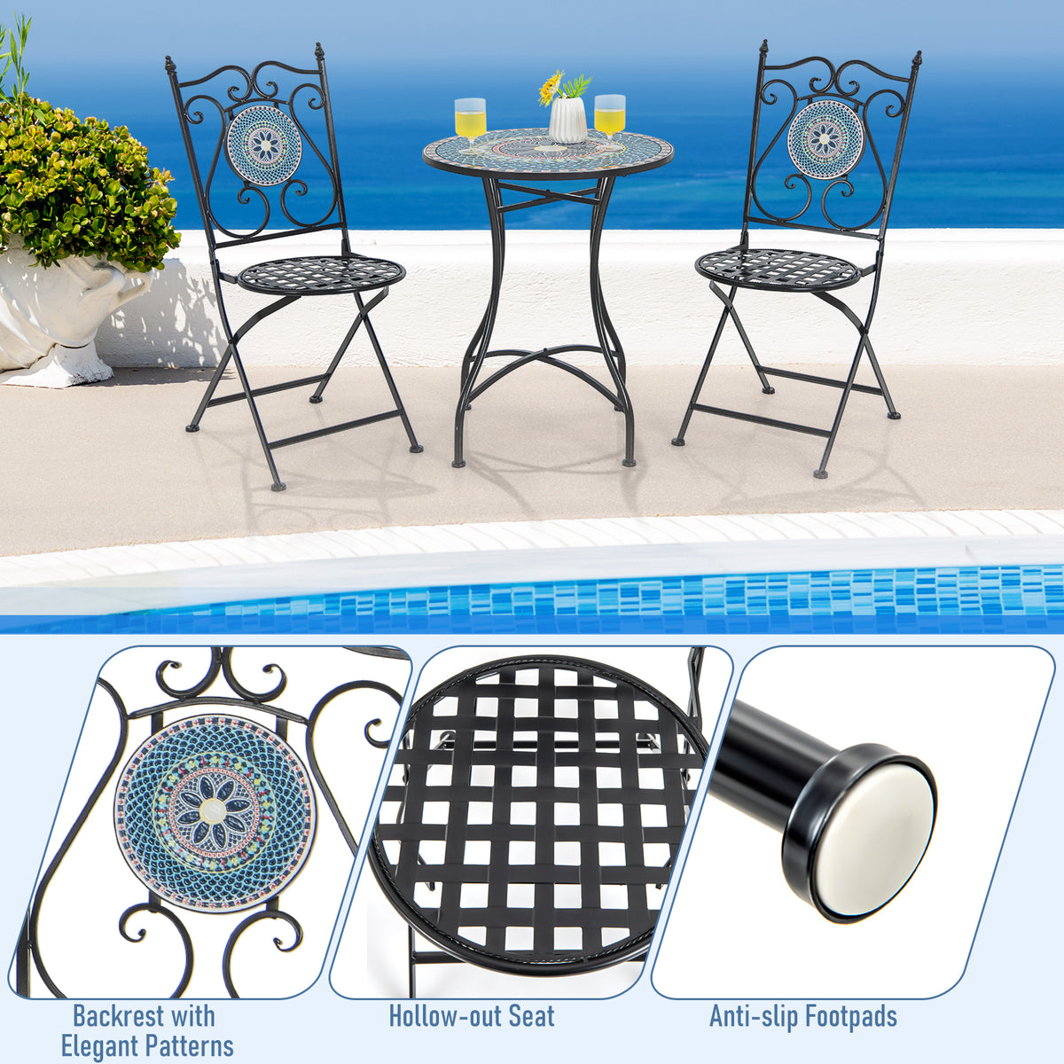 Set of 2 Mosaic Chairs for Patio Metal Folding Chairs-A-Patio Dining Chairs-DECOROLALA