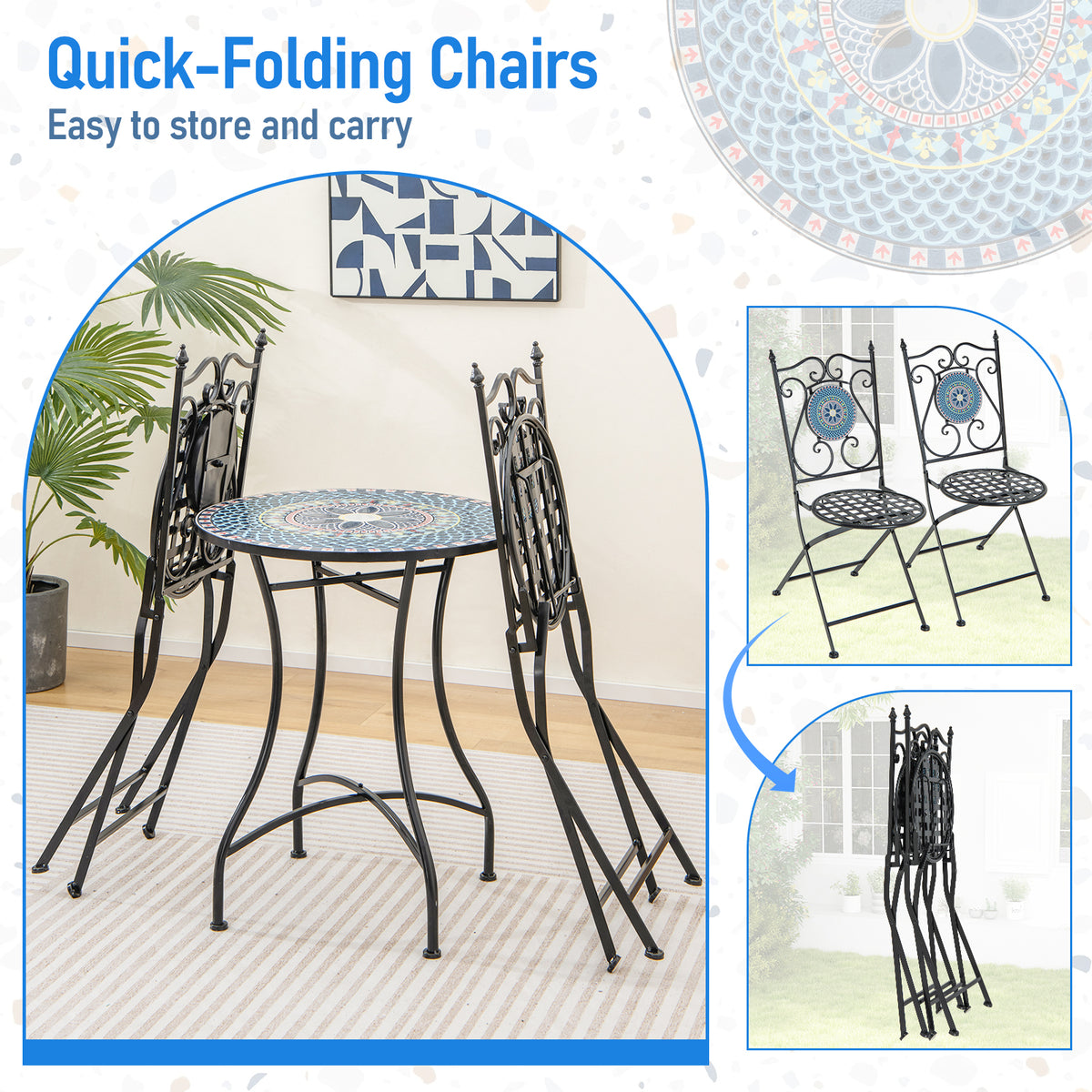 Set of 2 Mosaic Chairs for Patio Metal Folding Chairs-A-Patio Dining Chairs-DECOROLALA