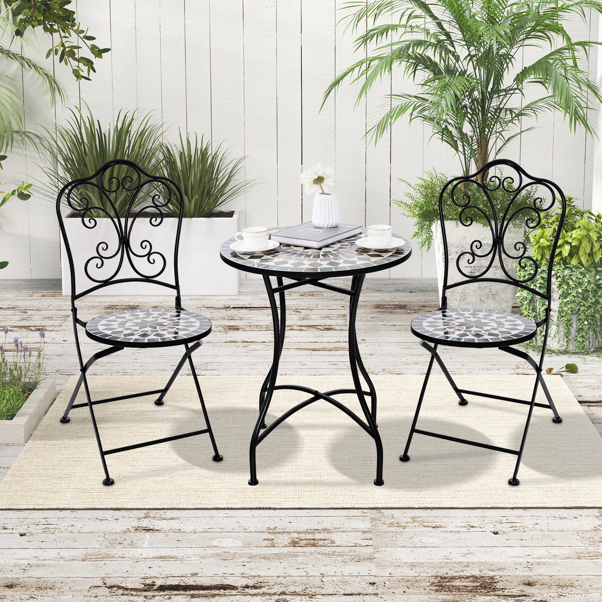 Set of 2 Mosaic Chairs for Patio Metal Folding Chairs-C-Patio Dining Chairs-DECOROLALA