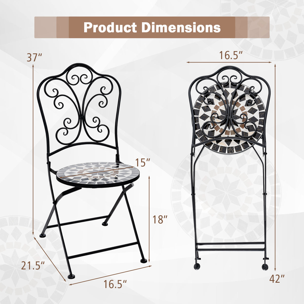 Set of 2 Mosaic Chairs for Patio Metal Folding Chairs-C-Patio Dining Chairs-DECOROLALA