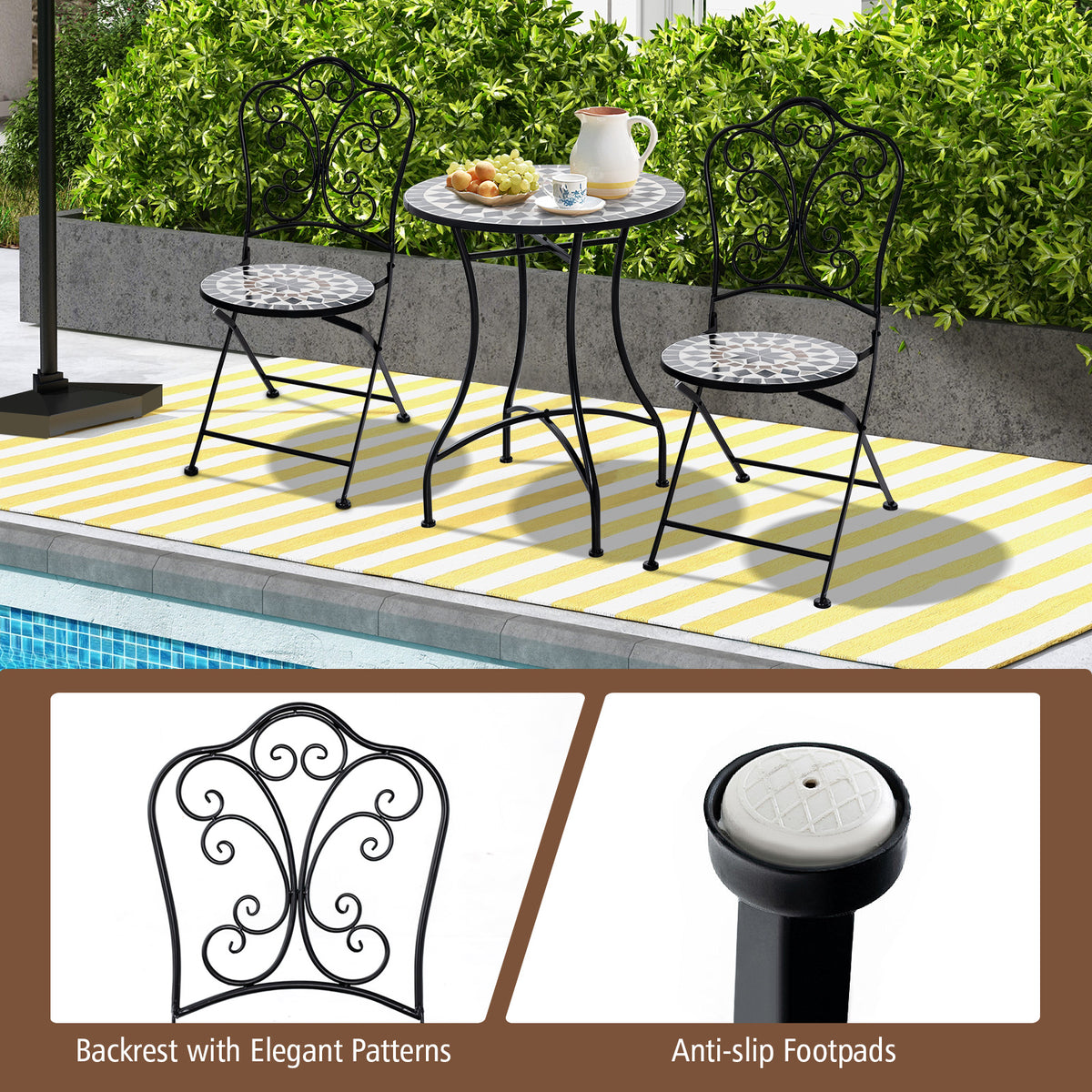 Set of 2 Mosaic Chairs for Patio Metal Folding Chairs-C-Patio Dining Chairs-DECOROLALA