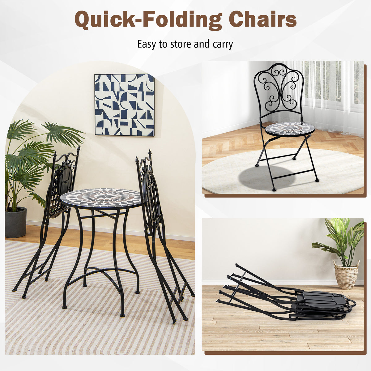 Set of 2 Mosaic Chairs for Patio Metal Folding Chairs-C-Patio Dining Chairs-DECOROLALA