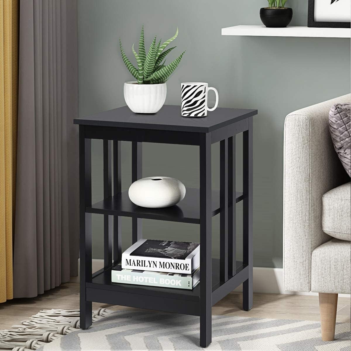 Set of 2 Multifunctional 3-Tier Nightstand Sofa Side Table with Reinforced Bars and Stable Structure-Black-End & Side Tables-DECOROLALA