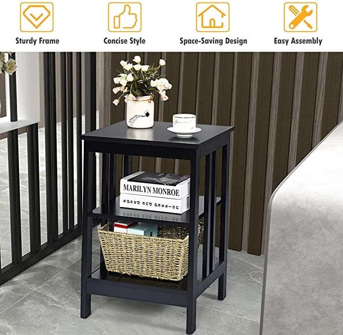 Set of 2 Multifunctional 3-Tier Nightstand Sofa Side Table with Reinforced Bars and Stable Structure-Black-End & Side Tables-DECOROLALA