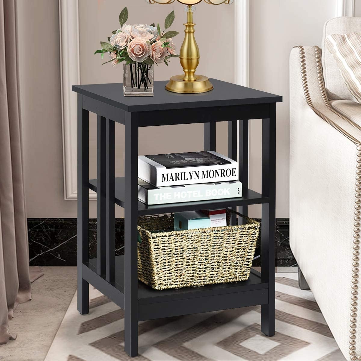 Set of 2 Multifunctional 3-Tier Nightstand Sofa Side Table with Reinforced Bars and Stable Structure-Black-End & Side Tables-DECOROLALA