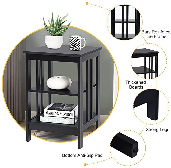 Set of 2 Multifunctional 3-Tier Nightstand Sofa Side Table with Reinforced Bars and Stable Structure-Black-End & Side Tables-DECOROLALA