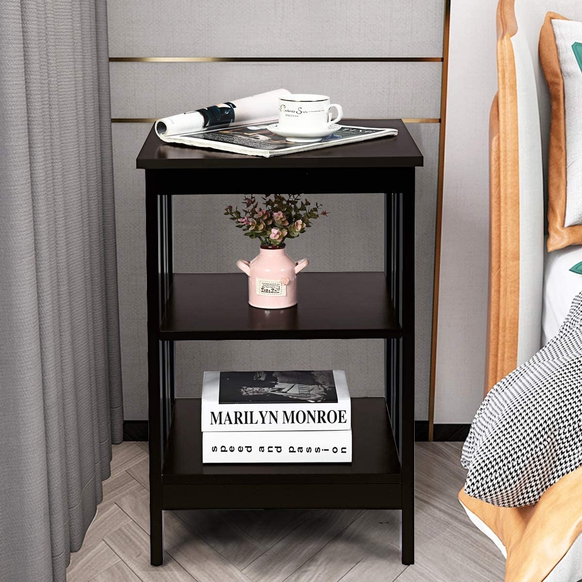 Set of 2 Multifunctional 3-Tier Nightstand Sofa Side Table with Reinforced Bars and Stable Structure-Dark Brown-End & Side Tables-DECOROLALA