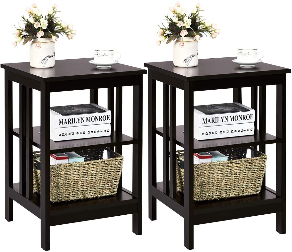 Set of 2 Multifunctional 3-Tier Nightstand Sofa Side Table with Reinforced Bars and Stable Structure-Dark Brown-End & Side Tables-DECOROLALA