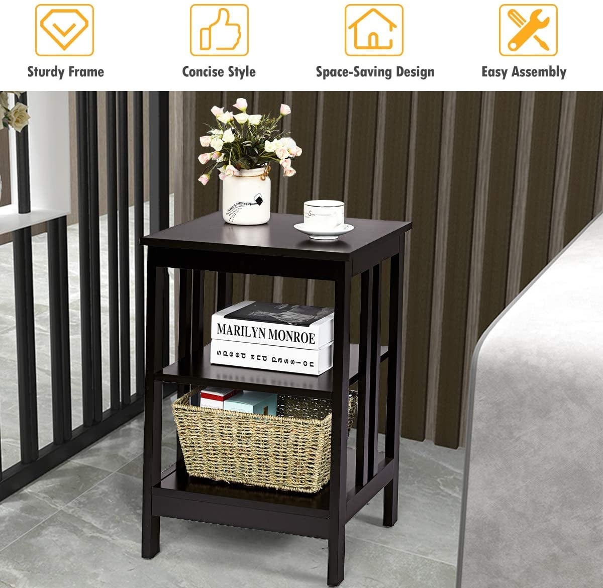 Set of 2 Multifunctional 3-Tier Nightstand Sofa Side Table with Reinforced Bars and Stable Structure-Dark Brown-End & Side Tables-DECOROLALA