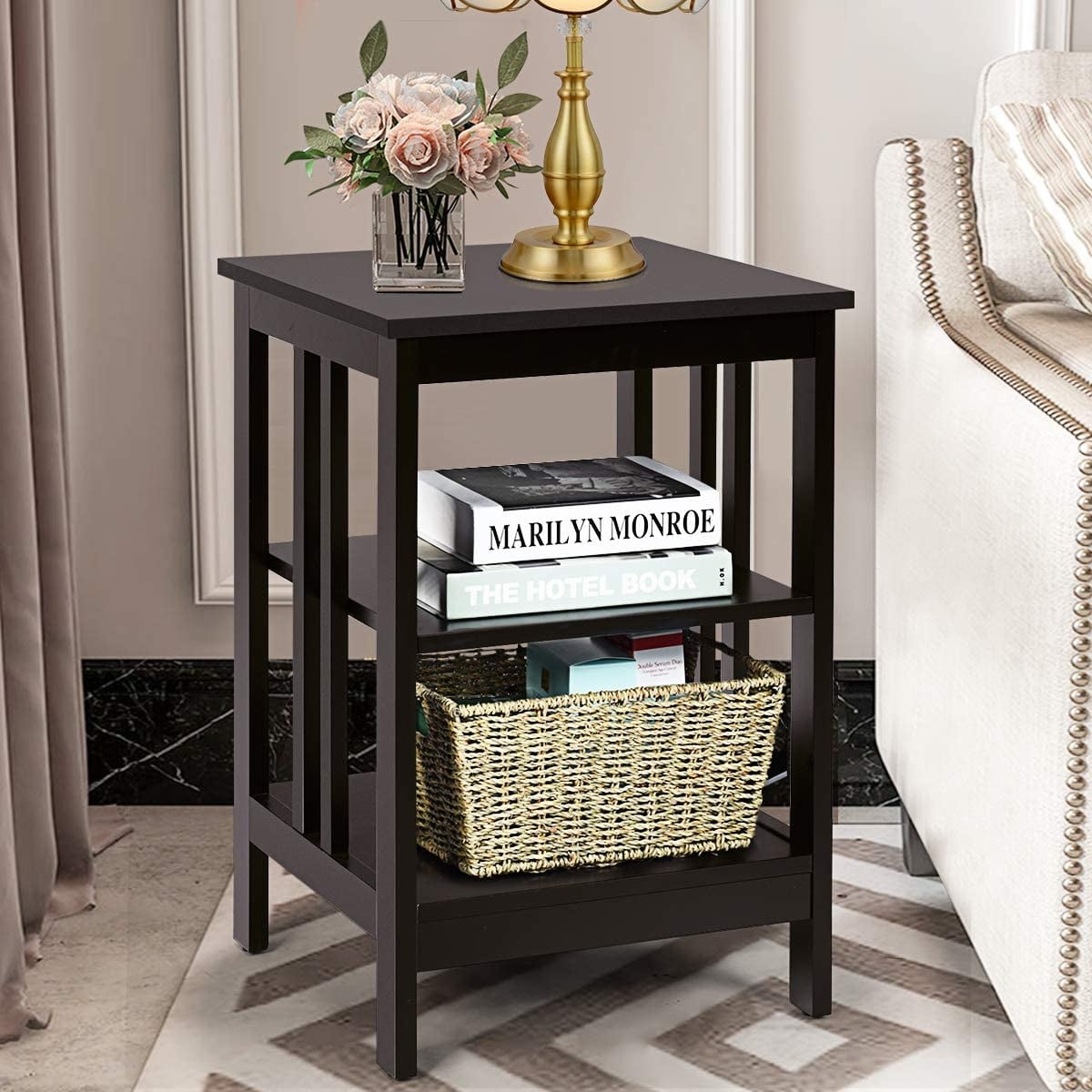 Set of 2 Multifunctional 3-Tier Nightstand Sofa Side Table with Reinforced Bars and Stable Structure-Dark Brown-End & Side Tables-DECOROLALA