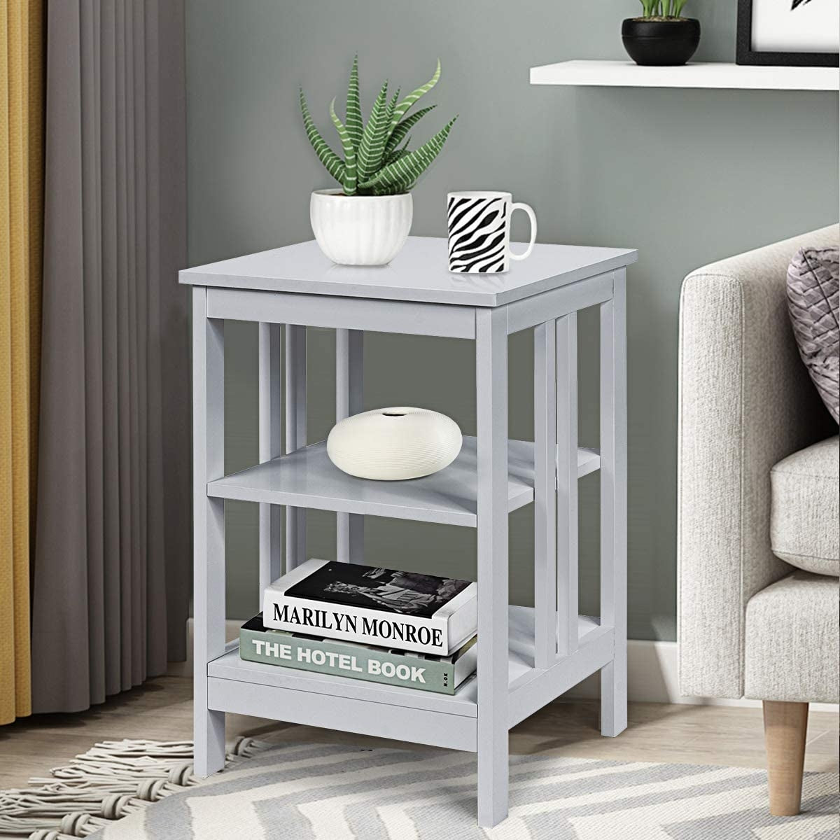 Set of 2 Multifunctional 3-Tier Nightstand Sofa Side Table with Reinforced Bars and Stable Structure-Gray-End & Side Tables-DECOROLALA
