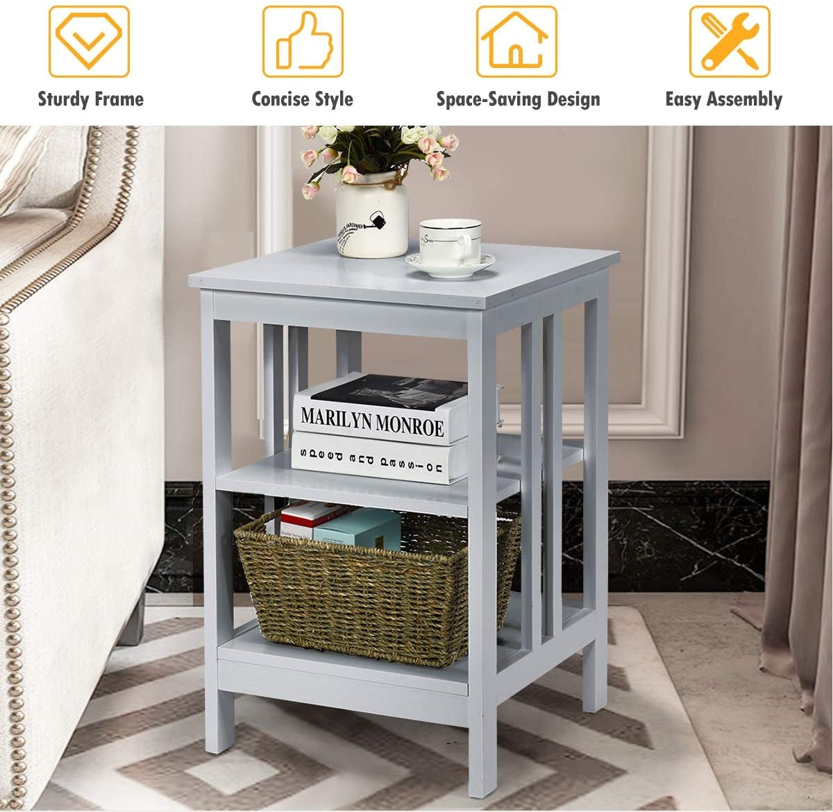 Set of 2 Multifunctional 3-Tier Nightstand Sofa Side Table with Reinforced Bars and Stable Structure-Gray-End & Side Tables-DECOROLALA